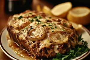 "Sliced French onion meatloaf topped with caramelized onions and melted cheese"